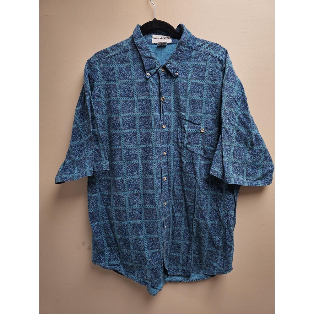 Weekends Shirt Mens XL Blue Green Geometric Pattern Button Up Casual Relaxed Fit
